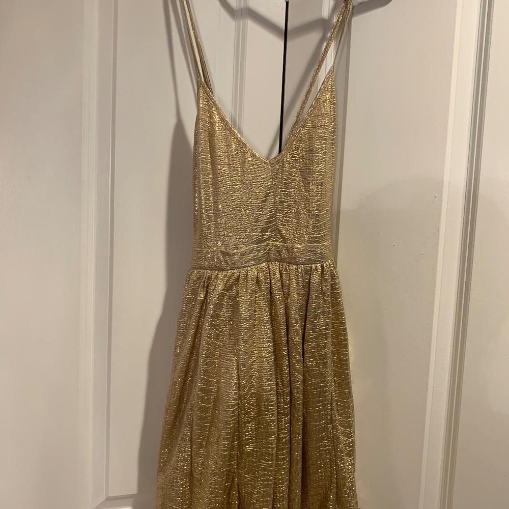 NWT Womens LF Paper Heart Sleeveless Gold Deep V-Neck Mini Dress size:12